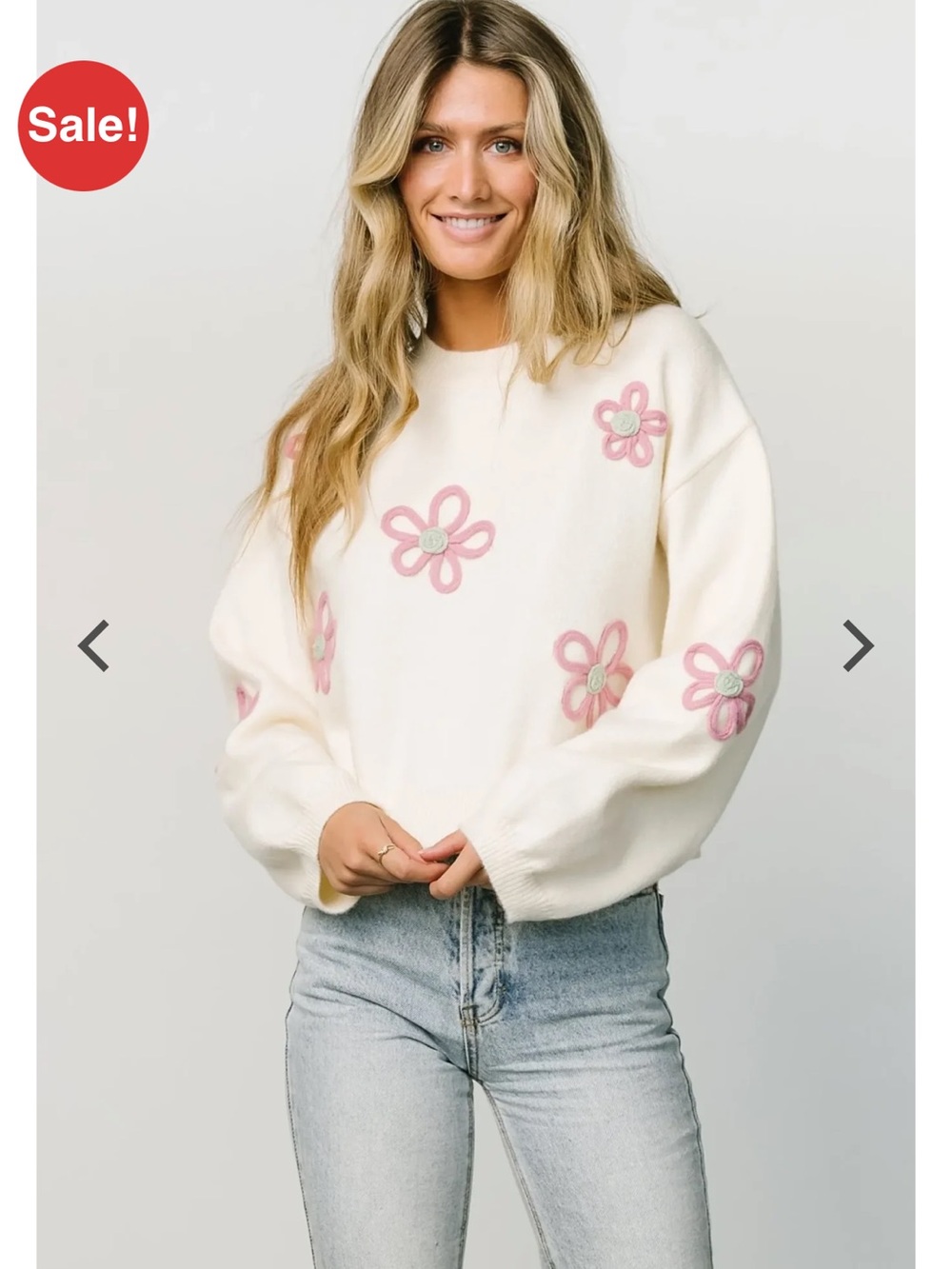 Baltic Born Cream Crewneck Sweater with Pink Floral Appliqués